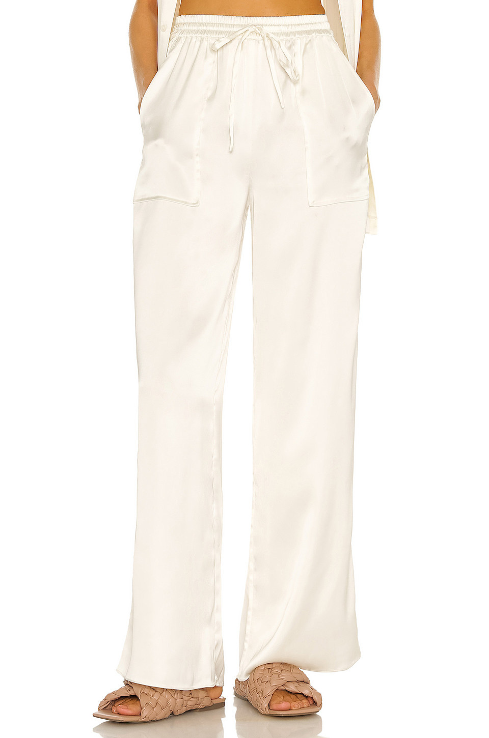 CASUAL WOMEN WHITE DRAWSTRING HIGH WAISTED WIDE LEG SATIN PANTS